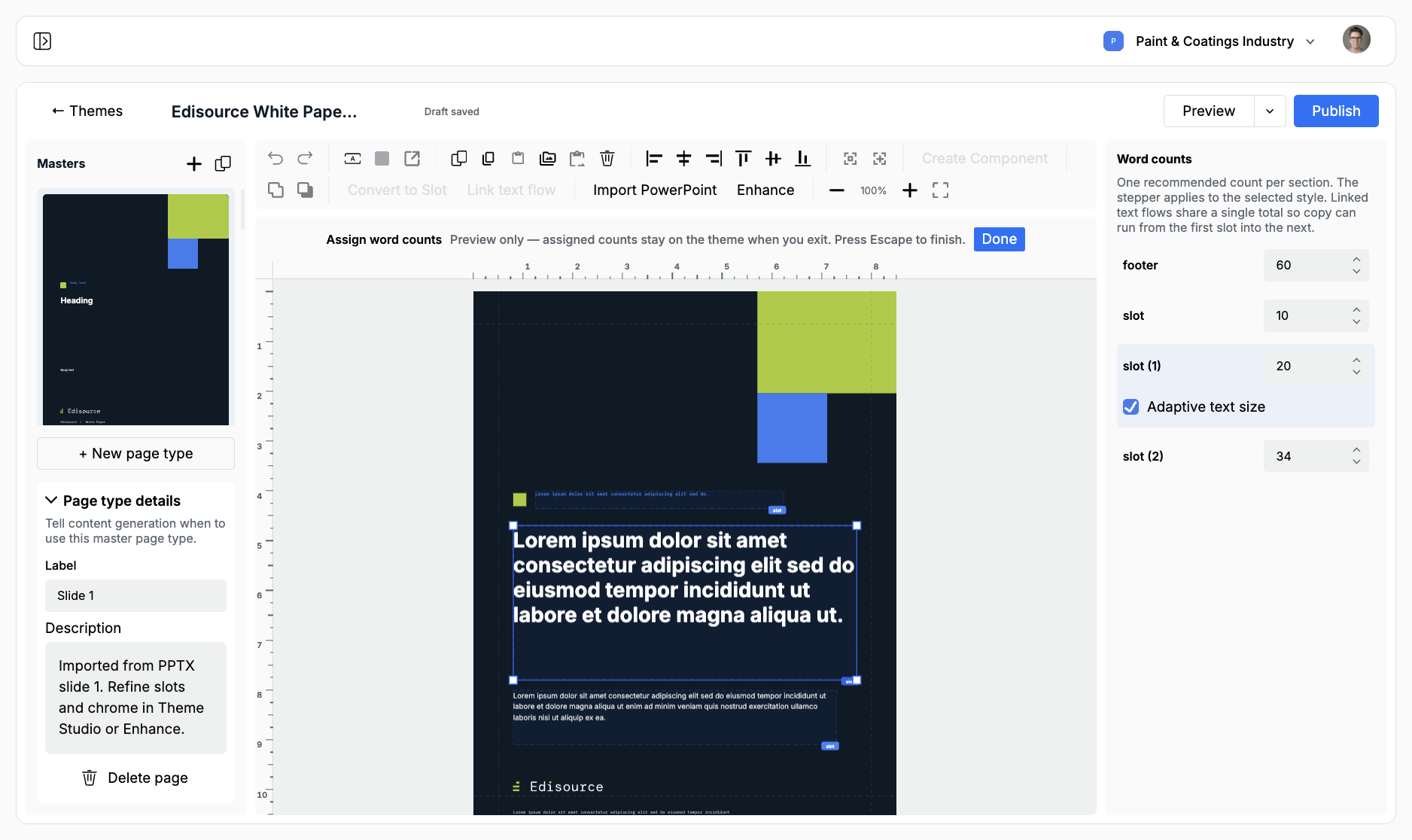 Theme Studio word-count mode with slot counts and Adaptive text size on a selected slot