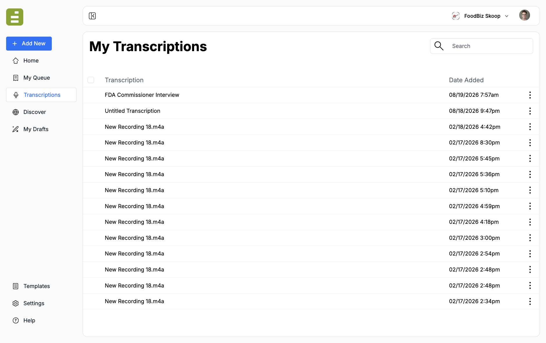 My Transcriptions library with a search field and a list of completed recordings