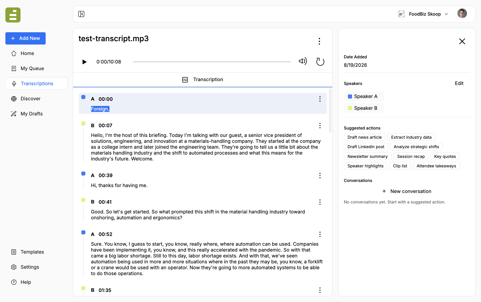 Suggested actions and conversations in the transcript side panel