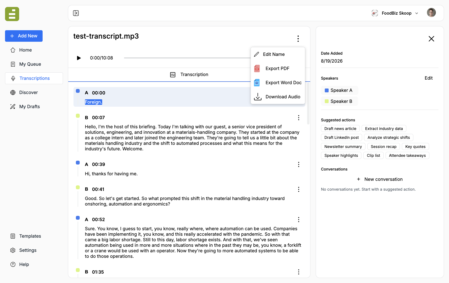 Title menu with Edit Name, Export PDF, Export Word Doc, and Download Audio