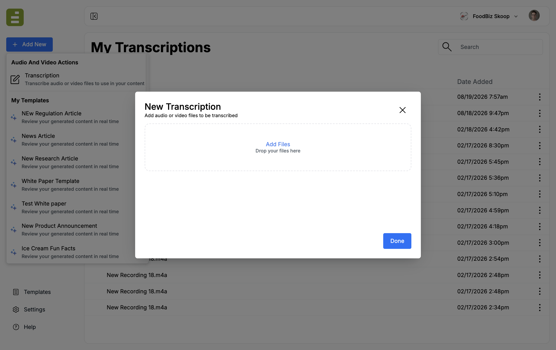 New Transcription modal with a drop zone for audio or video files